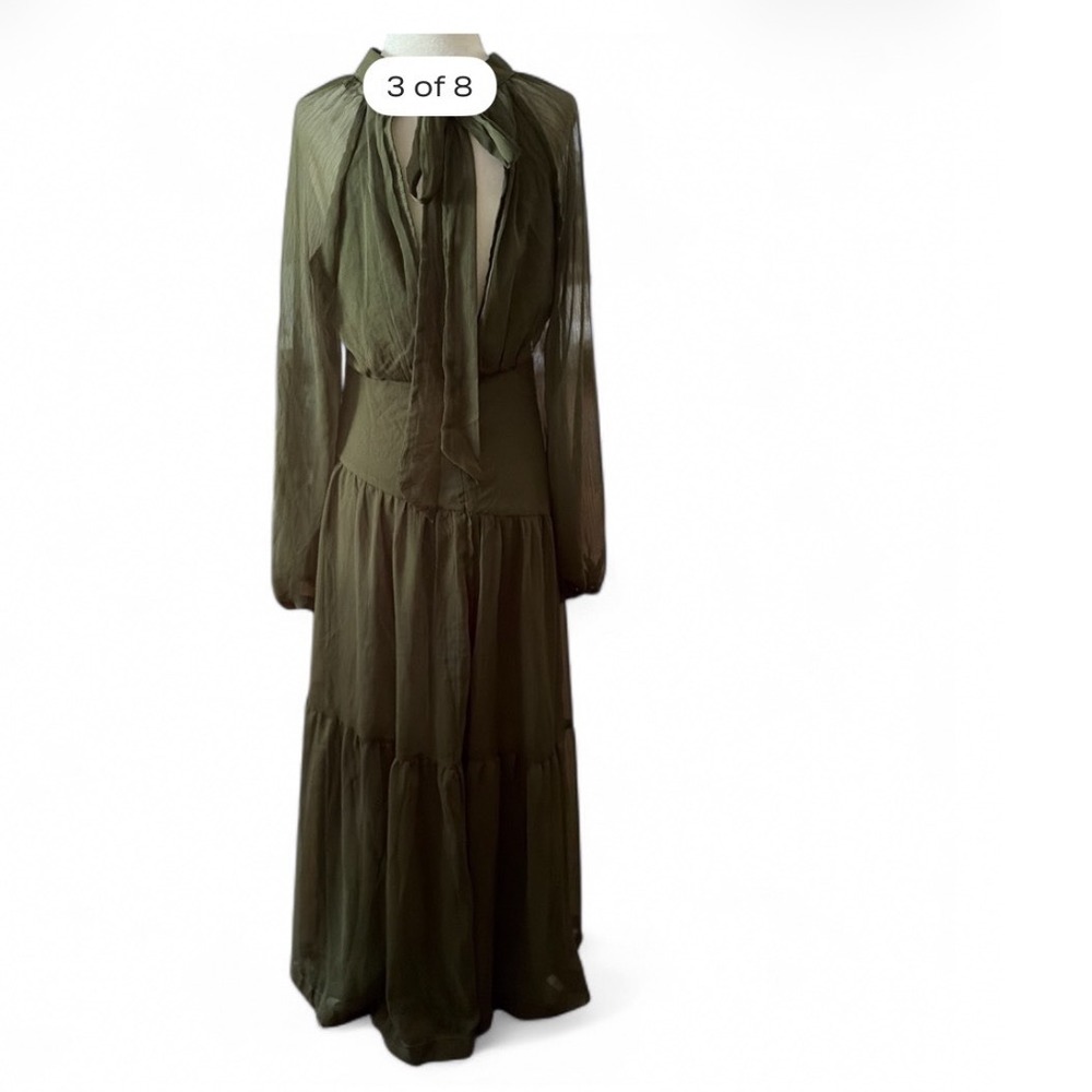 Julip Green Sheer Sleeve Tiered Maxi Dress Open Back Bow Neck US M - Picture 2 of 9